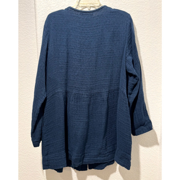 Flax Womens Tunic Top Button Front Blue Linen Pockets Long Sleeve Sz L Relaxed - Picture 3 of 9
